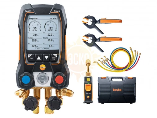 testo 557s комплект 2 в кейсе с шлангами — умный цифровой манометрический коллектор, смарт-зонды вакуума и температуры и набор из четырёх заправочных шлангов